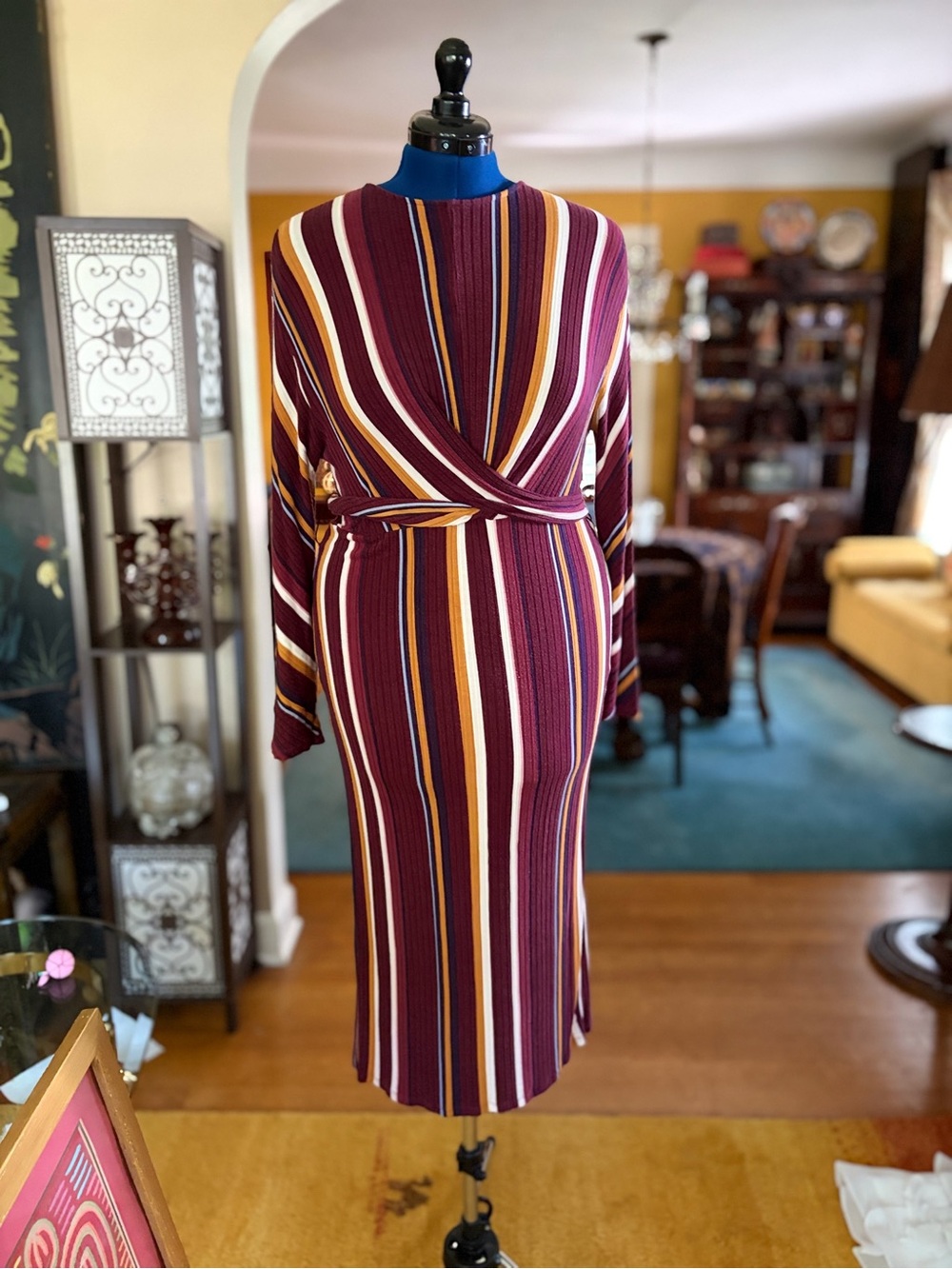 Striped Rib-Knit Dress in Burgundy Stripe